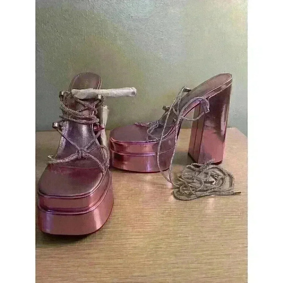 womens pink barbiecore strappy square toe block heel platform SZ 7.5 rhinestone - Picture 4 of 14